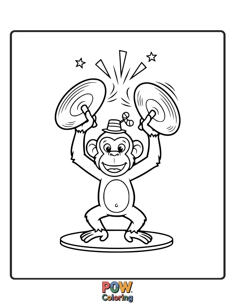 Free coloring page of A playful chimpanzee gleefully banging on a set of cymbals. Energetic, funny, and wonderfully chaotic.