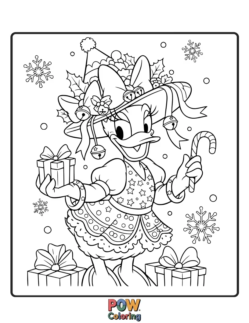 Free coloring page of Daisy Duck models a stylish Christmas outfit, complete with a Santa hat and glitter.
