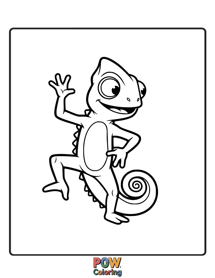 Free coloring page of This chameleon lizard is striking a fun pose, mid-dance, with swirling patterns around it.