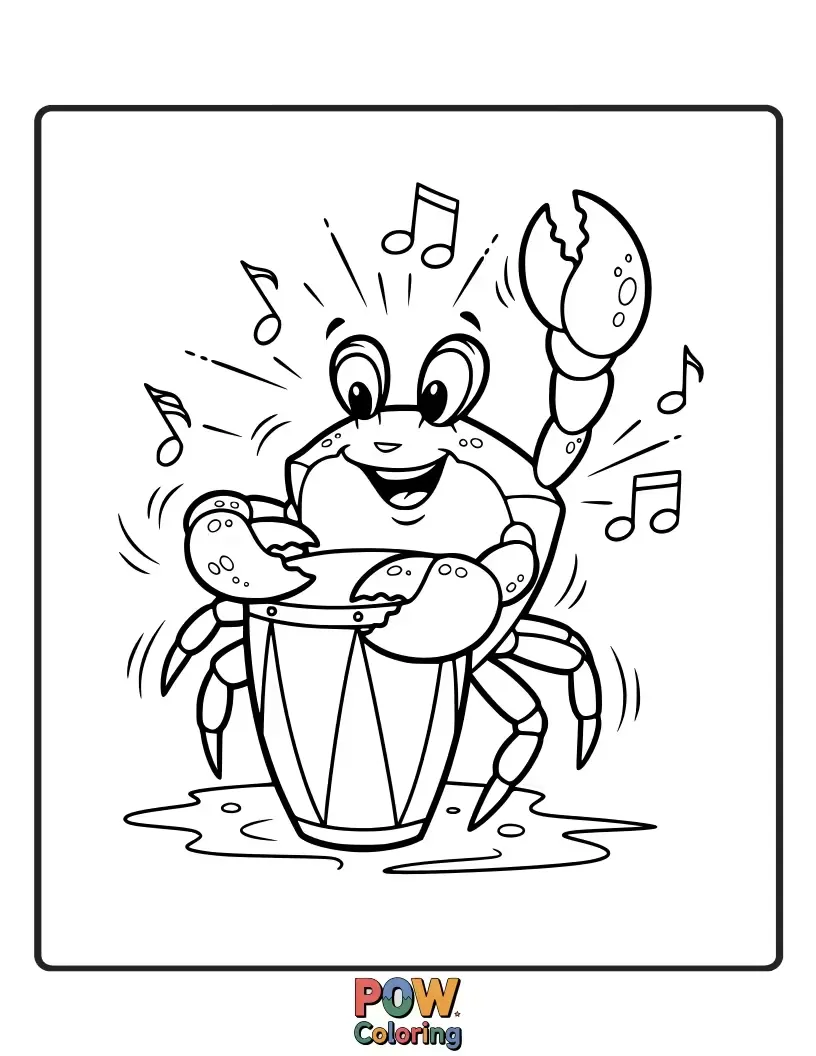 Free coloring page of A crab grooving to music with one claw raised in the air.