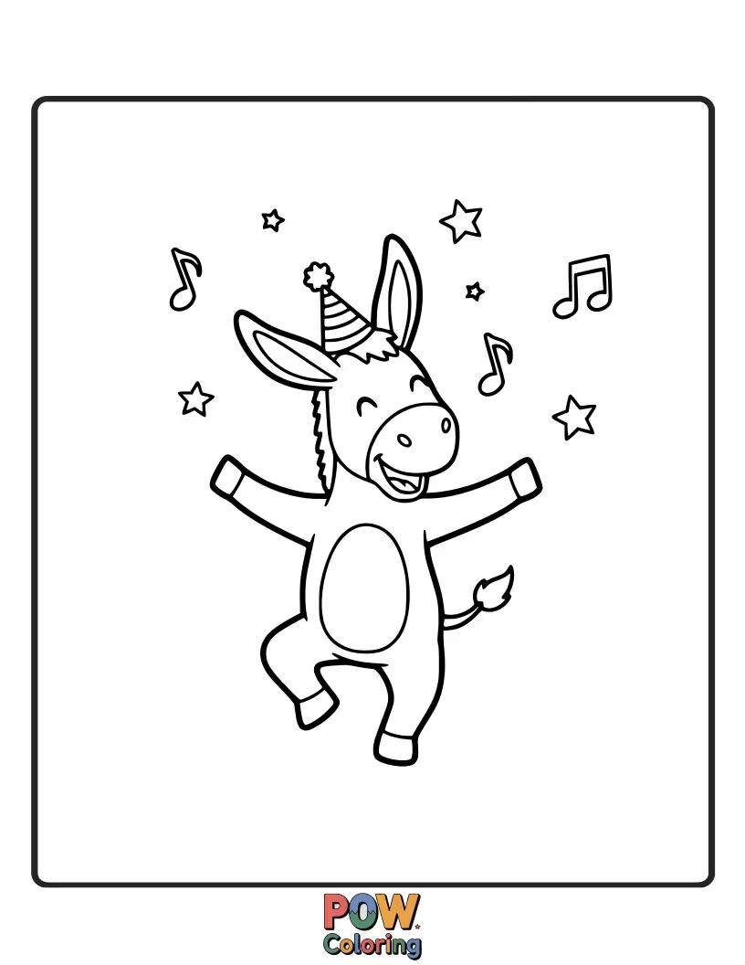 Free coloring page of A cheerful donkey is doing a jig, wearing a fez and bells, surrounded by festive Purim decorations. Pure joy!