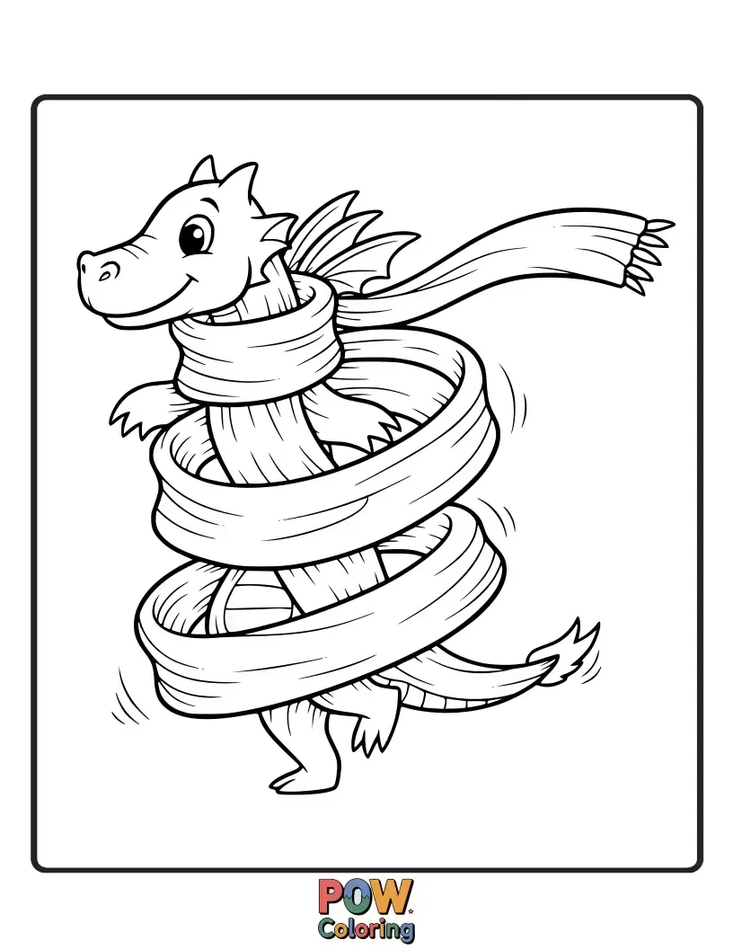 Free coloring page of A friendly dragon twirling with a long, flowing, flame-patterned scarf. Ignite your creativity with fiery colors.