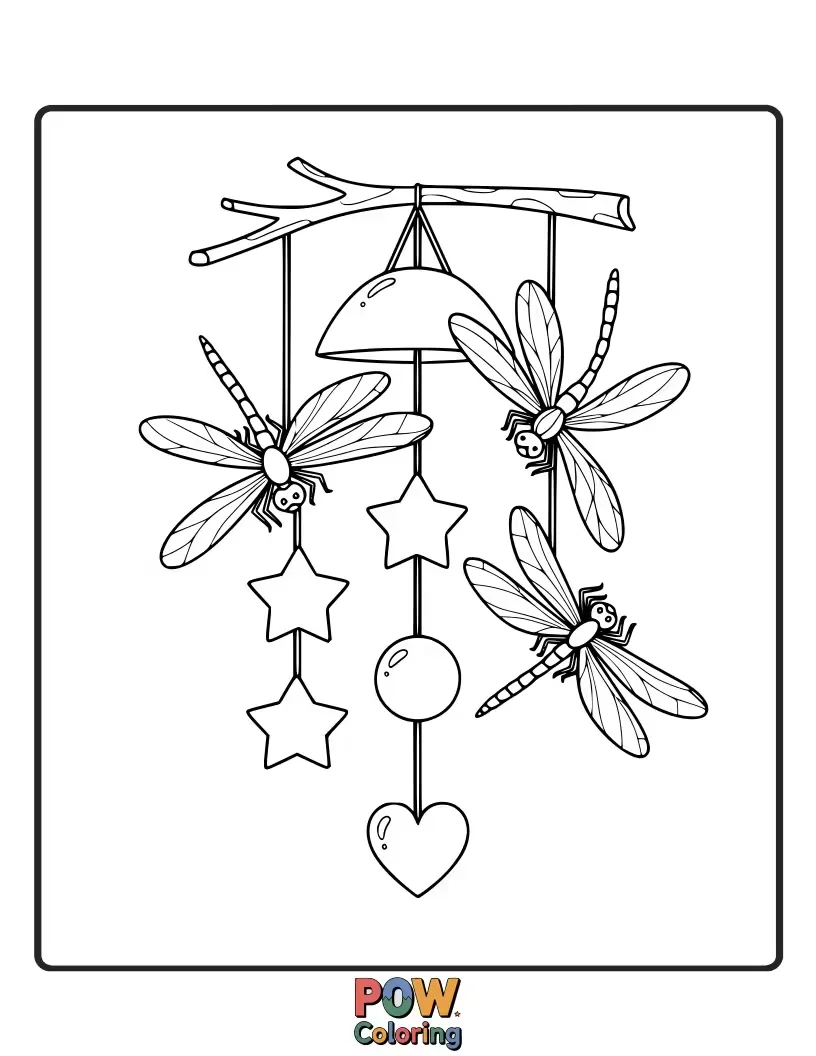 Free coloring page of Graceful dragonflies dancing in the breeze around delicate wind chimes.