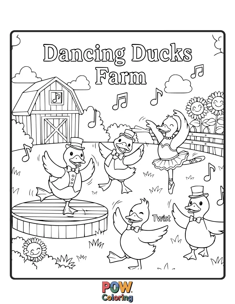 Free coloring page of A lively group of ducks waddling and dancing in a sparkling farm pond.