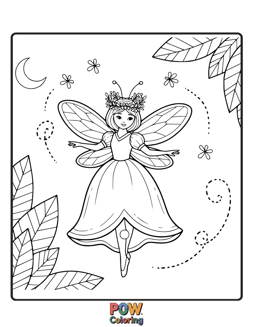 Free coloring page of A playful princess dancing amongst twinkling fireflies in a warm summer evening.