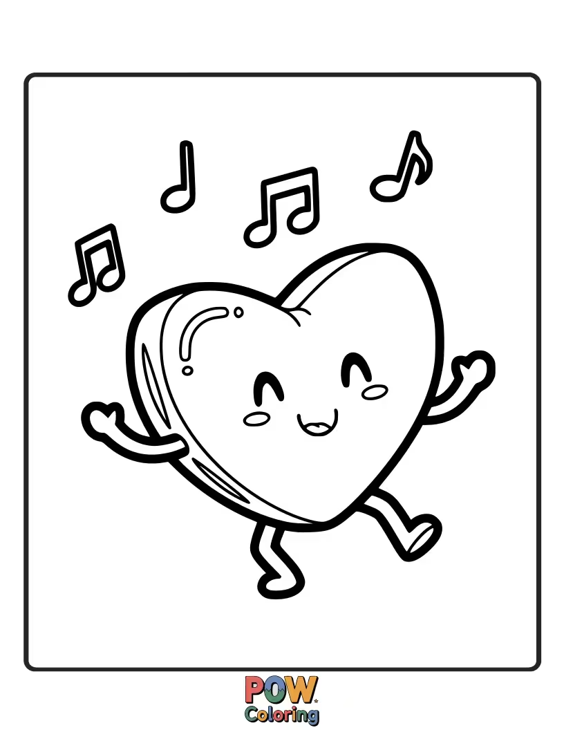 Free coloring page of A playful pillow shaped like a heart, with little ballet slippers on. Imagine its joyous pirouettes as you color!