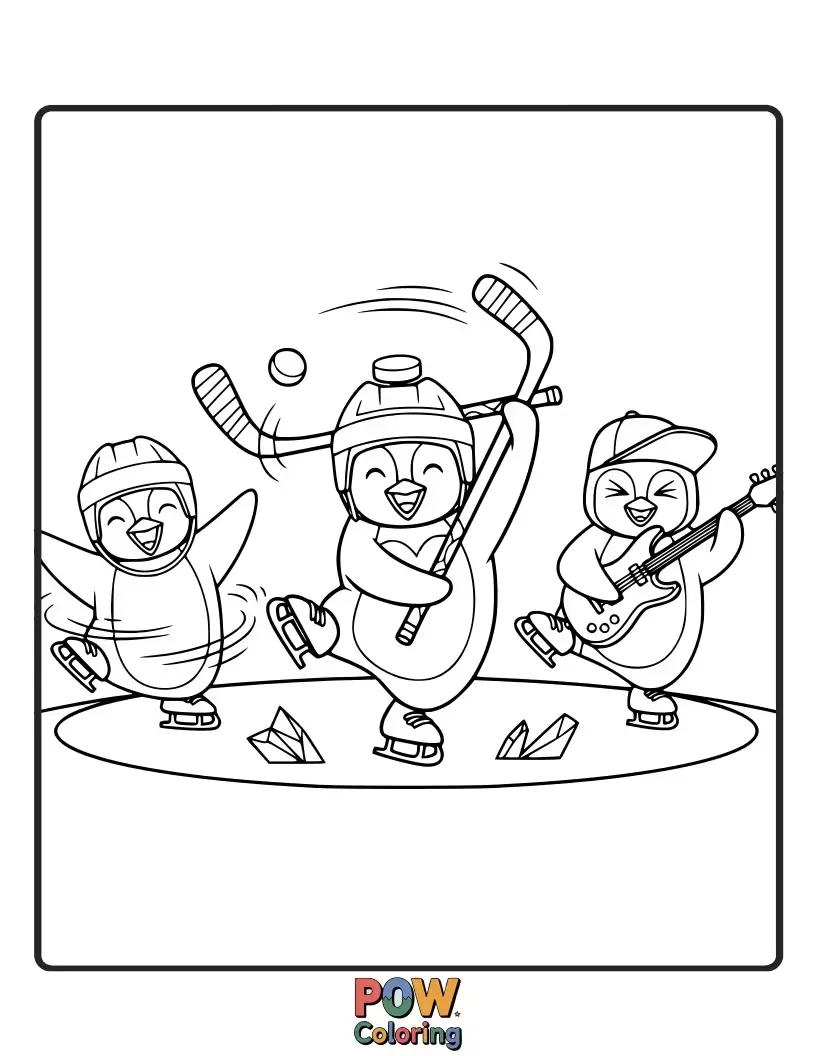 Free coloring page of A synchronized team of penguins in sparkly skates performing a ballet routine on the ice, with a puck as their prop. Graceful and unique!