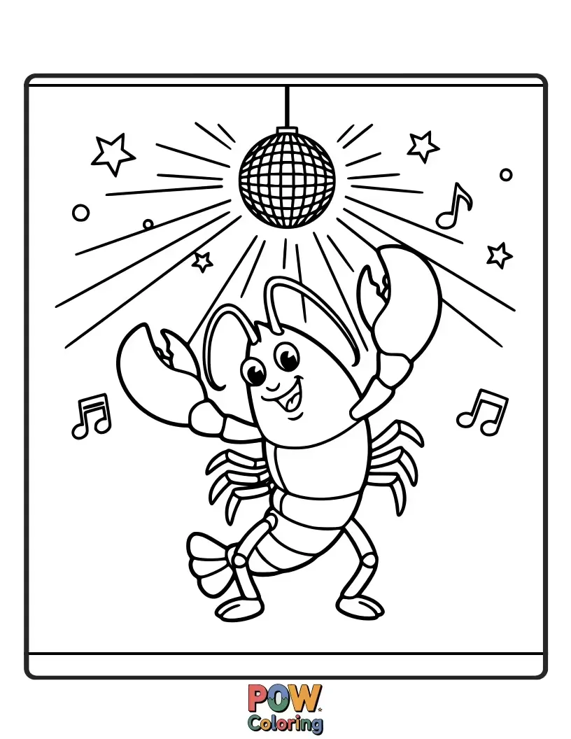 Free coloring page of A groovy lobster with a disco ball reflection, busting moves on a dance floor, radiating pure fun.