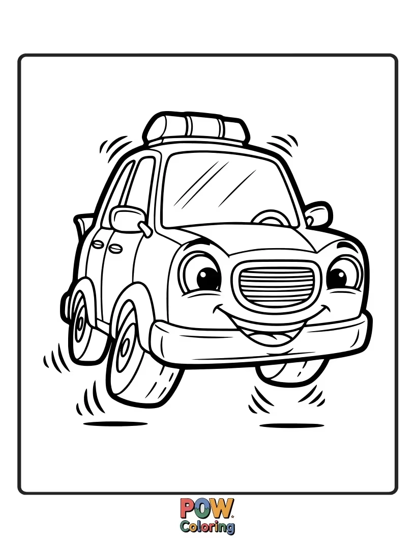 Free coloring page of Dancing police car, grooving to the beat of justice, with wheels spinning in a happy dance.