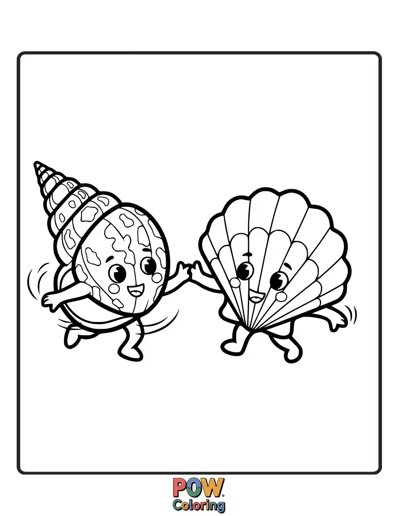 Free coloring page of Two elegant seashells in graceful poses, perhaps waltzing on a sandy beach, ready for dynamic colors.