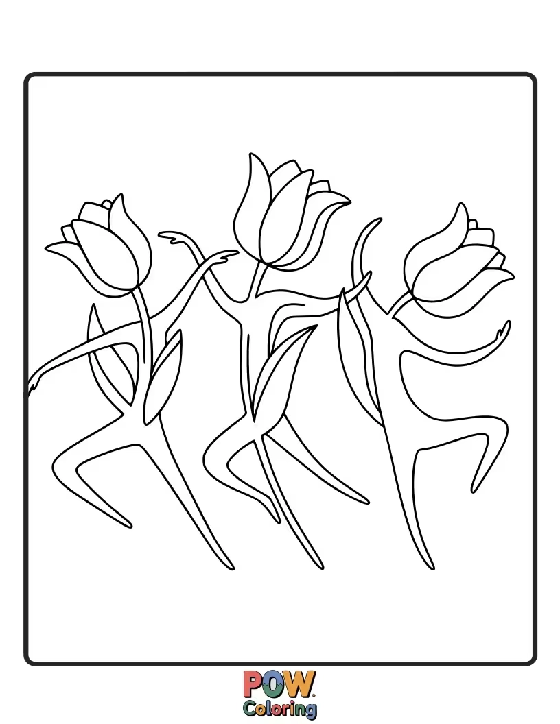 Free coloring page of Three playful tulips with stems that seem to dance. Encourage lively colors and fun patterns to bring them to life.