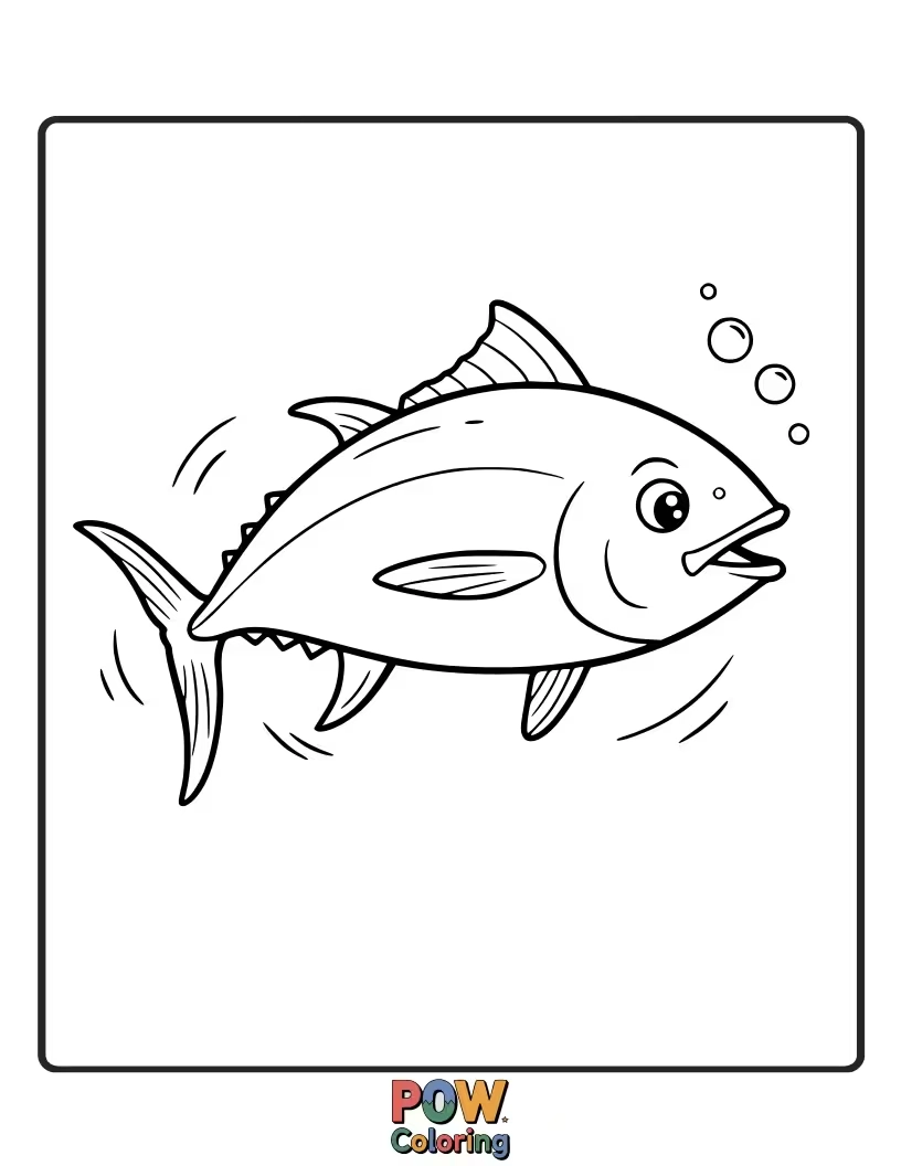 Free coloring page of A streamlined tuna outline, encouraging coloring in a forward-moving motion and learning about fast ocean swimmers.