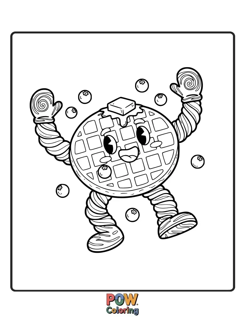 Free coloring page of A joyful character made of both pancakes and waffles, doing a happy dance with syrup flowing like a ballet skirt.