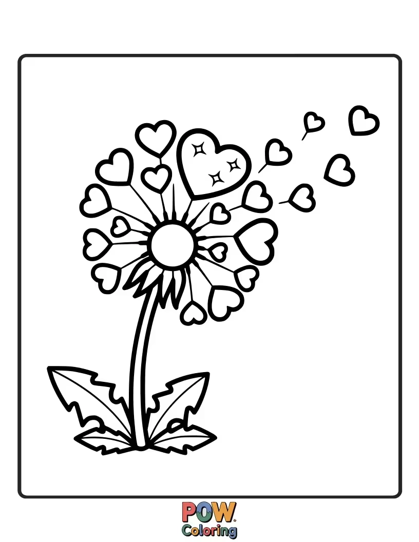 Free coloring page of Dandelion seeds shaped like tiny hearts floating on the breeze. A gentle wishful scene.