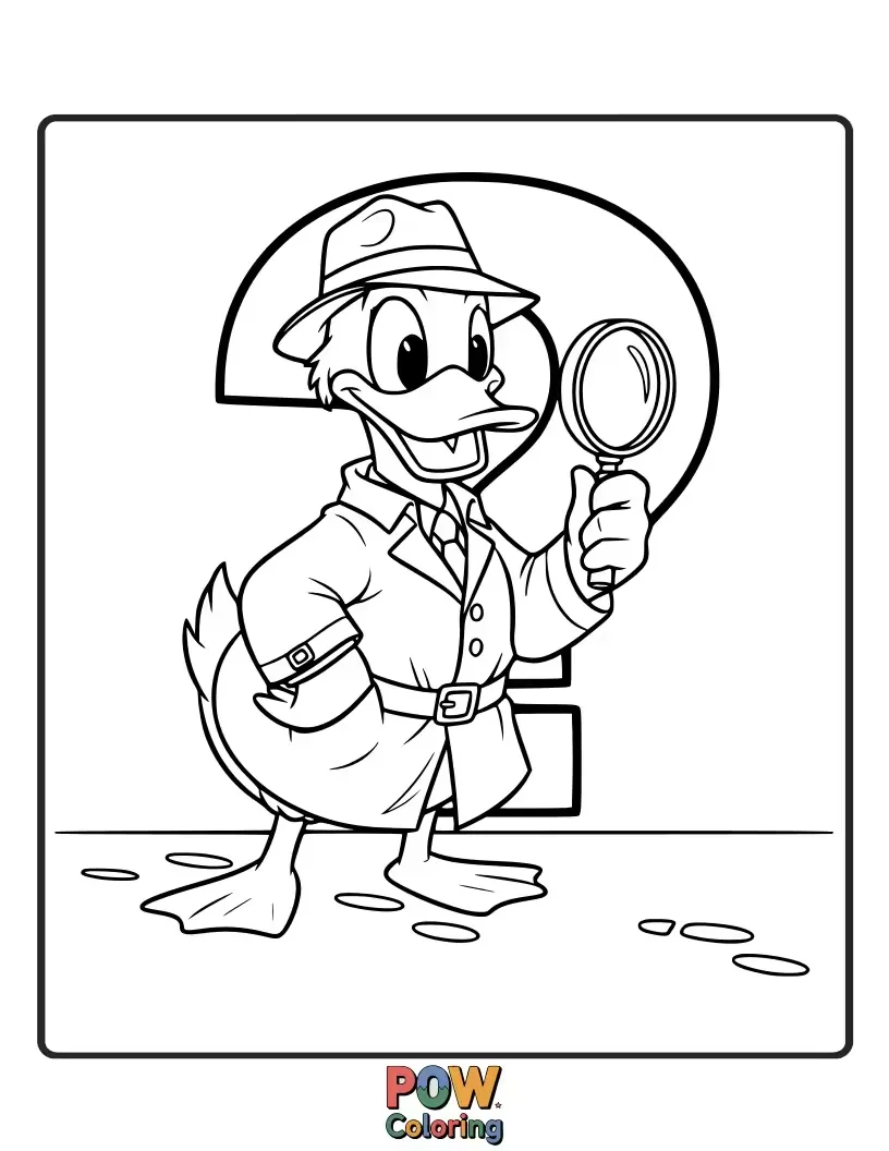 Free coloring page of A smart duck in a trench coat and fedora, solving mysteries with a magnifying glass.