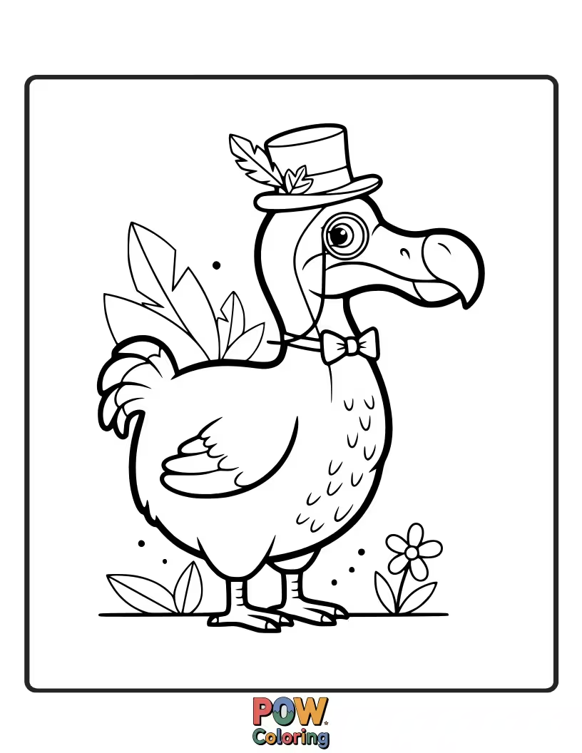 Free coloring page of A charming, somewhat goofy dodo bird dressed in a tiny bowtie, looking dapper.