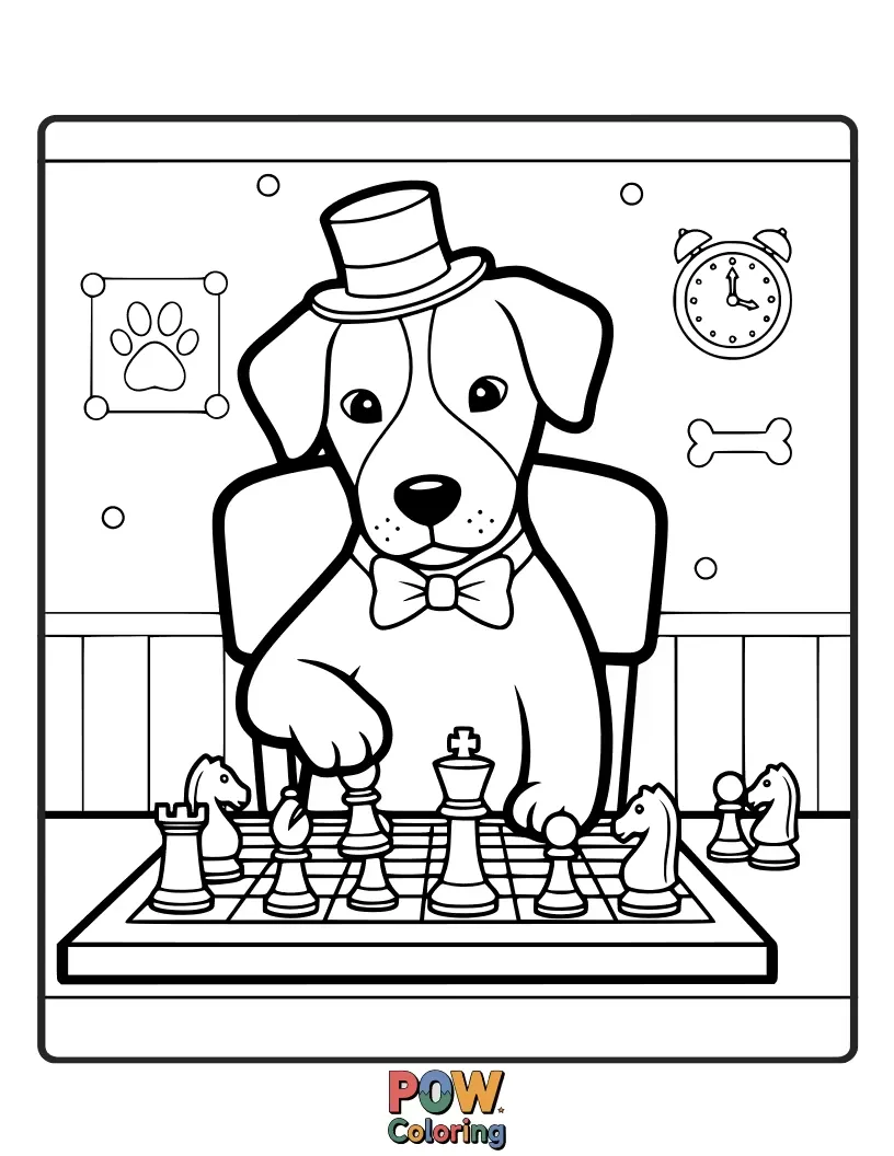Free coloring page of A stylish dog wearing a top hat and bowtie contemplating its next move with sophisticated flair.
