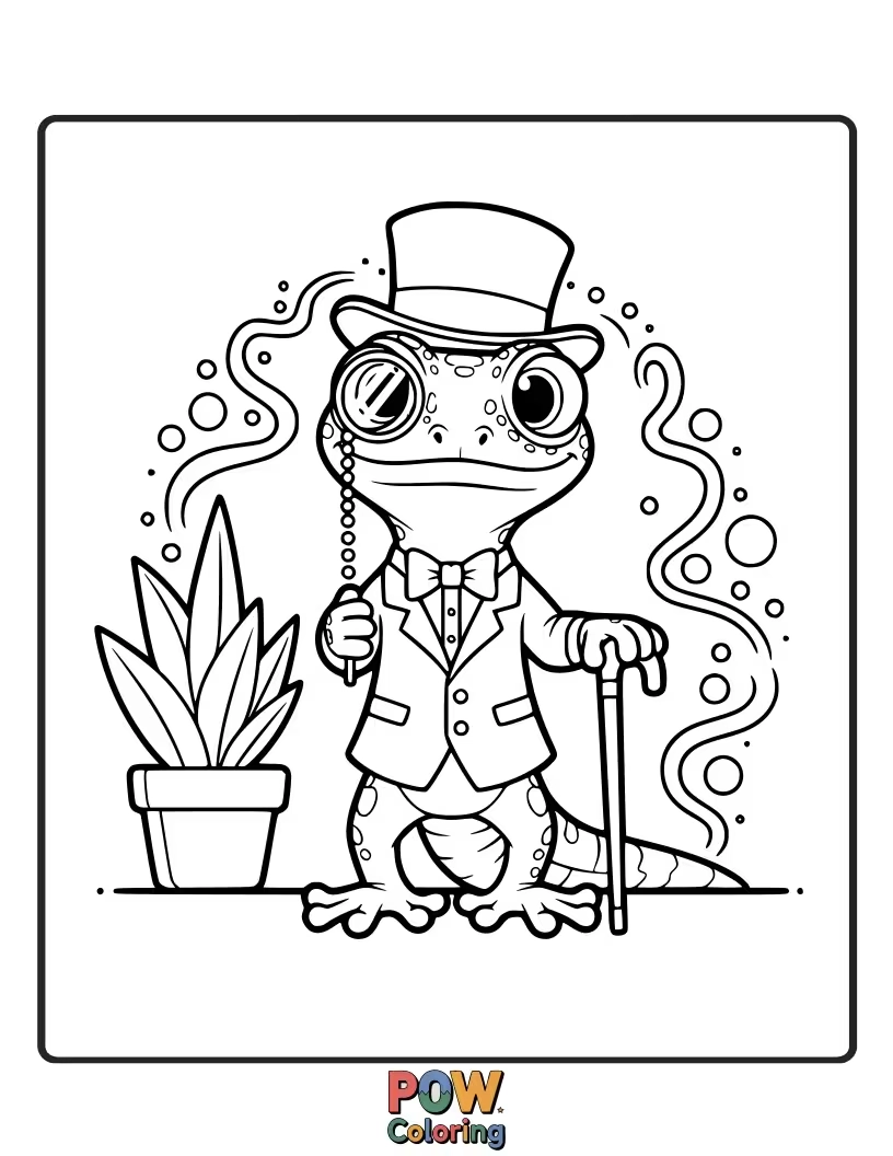 Free coloring page of A dapper gecko in a tiny bowtie and monocle, striking a sophisticated pose.