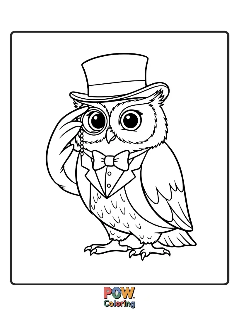 Free coloring page of A distinguished owl in a top hat and bowtie, holding a monocle, ready for a formal affair.