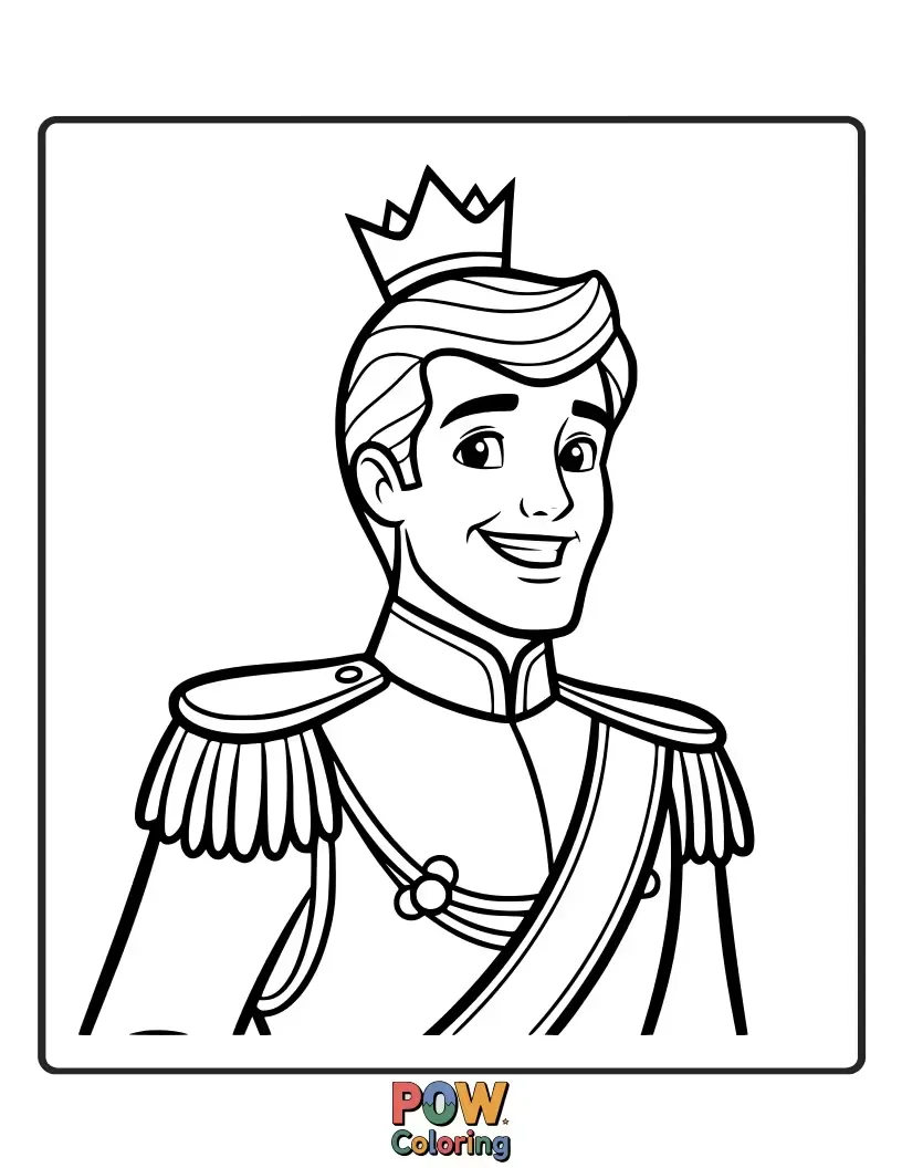 Free coloring page of A close-up of Prince Charming's handsome, kind face, with a gentle smile, ready for a dance.