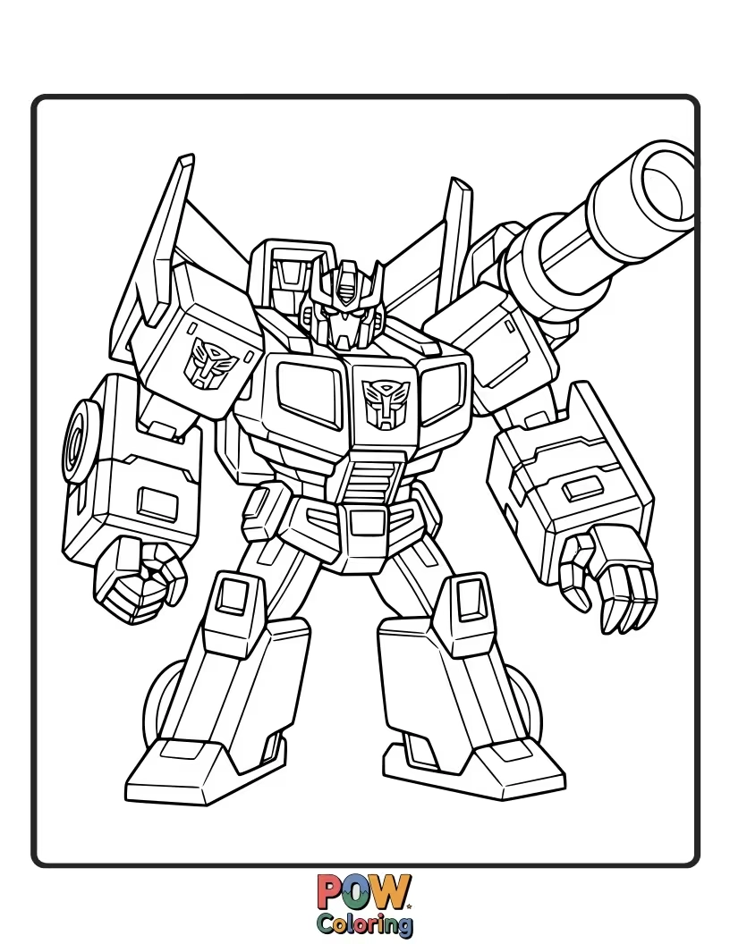 Free coloring page of A menacing scene of Decepticons preparing for battle, with laser blasts and futuristic weaponry detailed.
