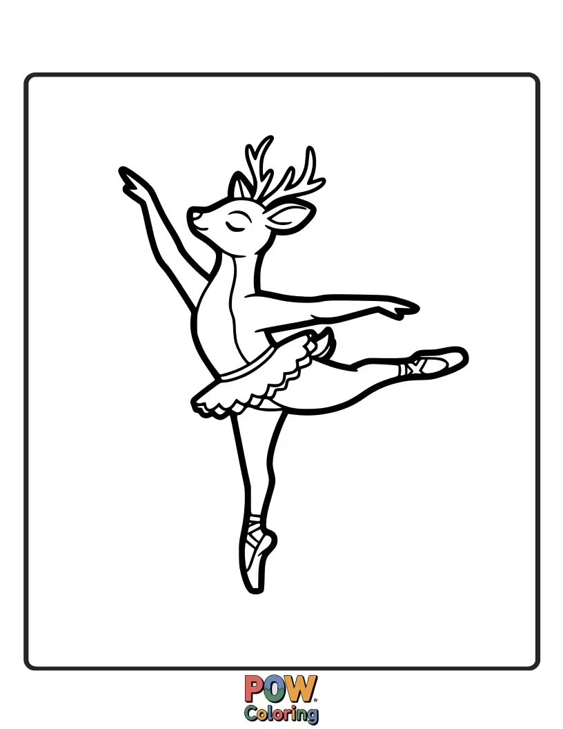 Free coloring page of A graceful (or not-so-graceful) deer attempting a ballet pirouette, its legs tangled in a funny way.