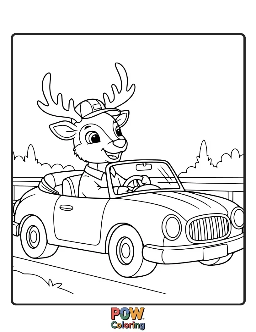 Free coloring page of This deer is behind the wheel, peering over the dashboard, trying to navigate with a comical expression.