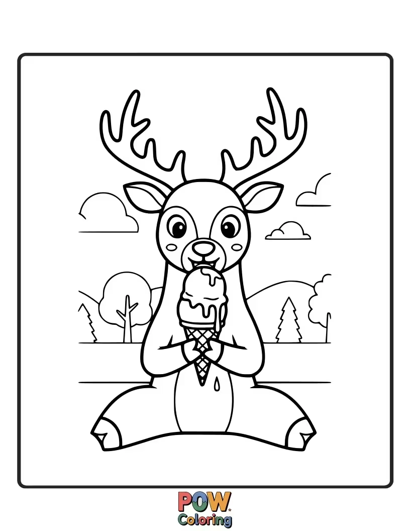Free coloring page of This deer is happily indulging in a giant scoop of ice cream, drips of sweetness flying everywhere.