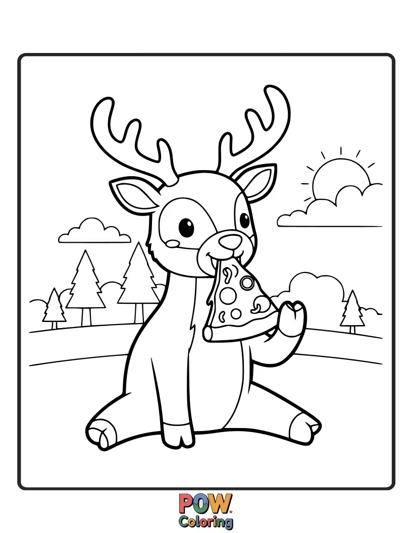 Free coloring page of A deer gleefully devours a slice of pizza, cheese stretching comically from the slice to its mouth.