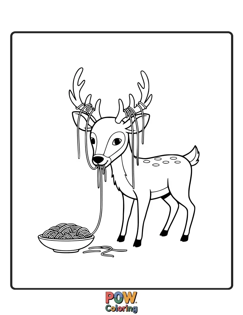 Free coloring page of This deer has spaghetti all over its face, slurping noodles with gusto and pure enjoyment.