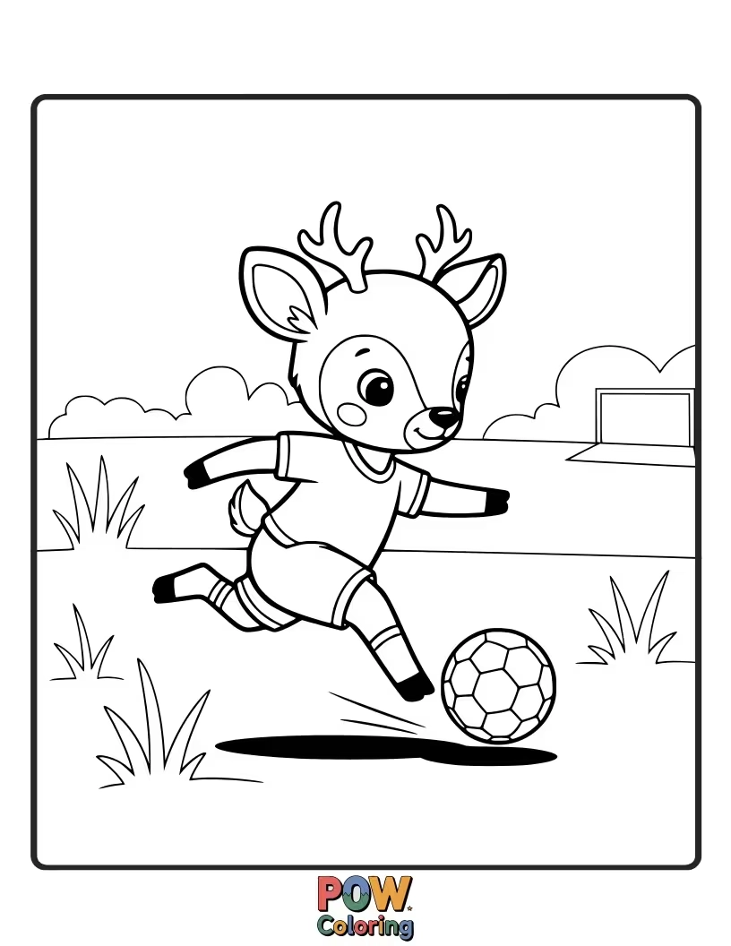 Free coloring page of A deer kicking a soccer ball with enthusiastic, albeit uncoordinated, hoof-work.