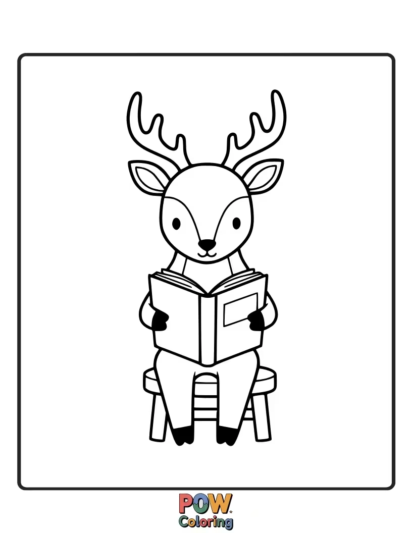 Free coloring page of This deer is engrossed in a book, its nose practically touching the pages, with a very serious expression.