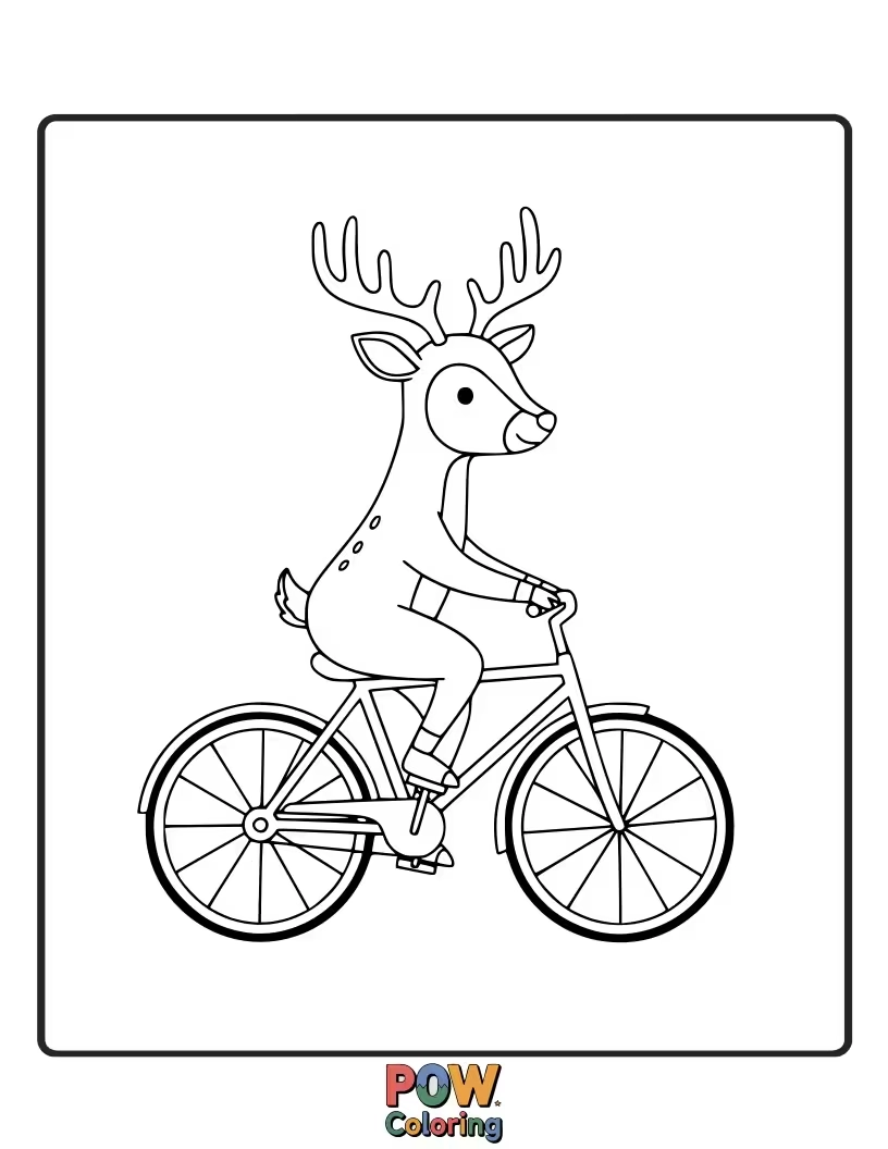 Free coloring page of A clumsy deer wobbling precariously on a bicycle, pedaling with all its might, a comical sight.