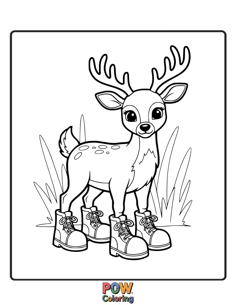 Free coloring page of A deer sporting oversized, colorful rain boots, looking ready to splash in puddles with glee.