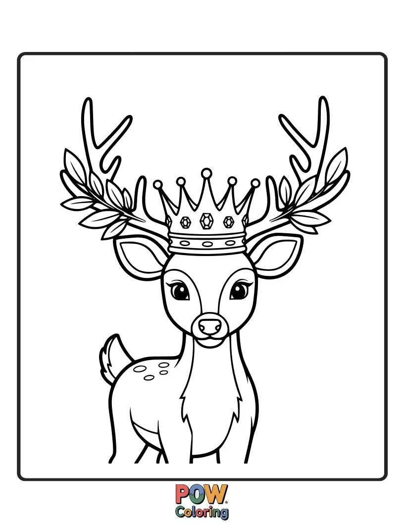Free coloring page of This regal deer is wearing a sparkly crown, looking slightly bewildered by its own royal status.