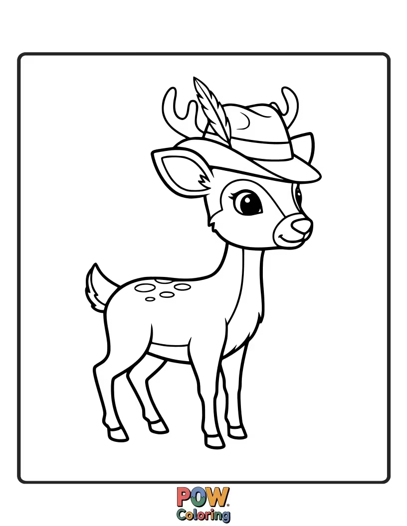 Free coloring page of A deer sporting a comically large, floppy hat, trying its best to look sophisticated but failing hilariously.