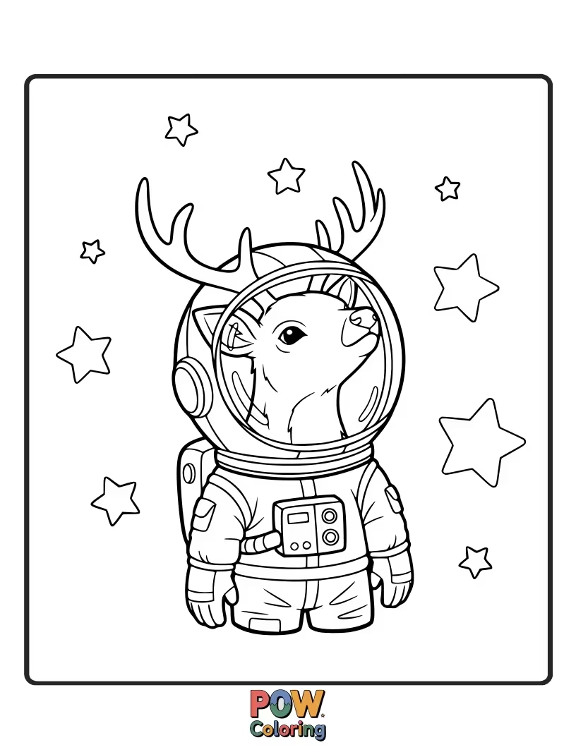 Free coloring page of This deer is in a space helmet, floating amongst stars, a whimsical cosmic explorer.