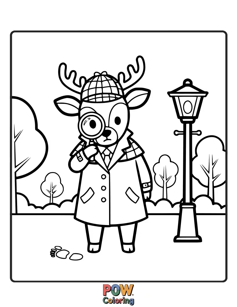 Free coloring page of A deer in a trench coat and fedora, peering through a magnifying glass with a curious look.