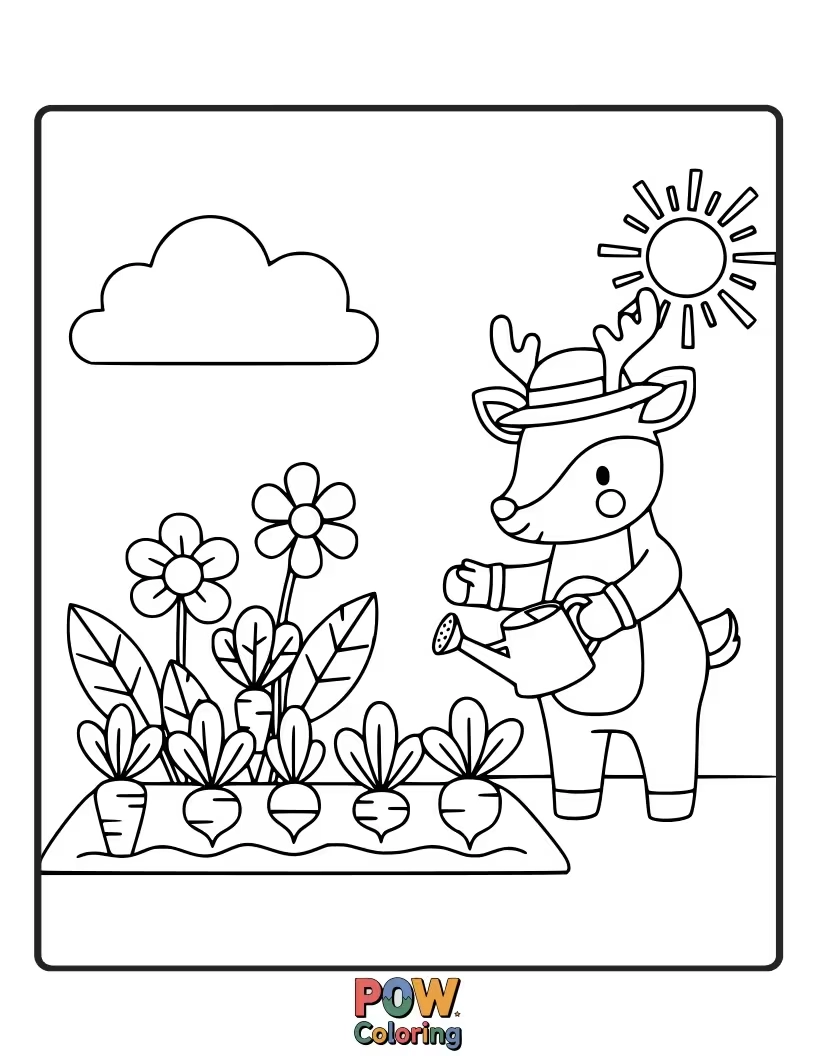 Free coloring page of This deer is in a straw hat, holding a watering can and a tiny shovel, tending to oversized flowers.