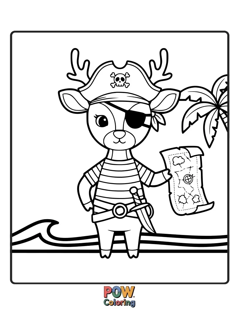Free coloring page of A deer with an eyepatch and a pirate hat, ready to sail the seven seas of the forest.