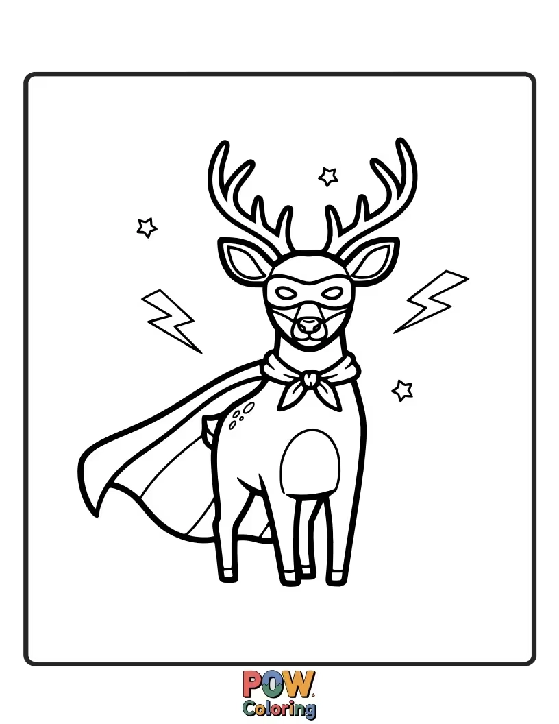 Free coloring page of A deer in a cape and mask, ready to leap into action with a determined, albeit goofy, grin.