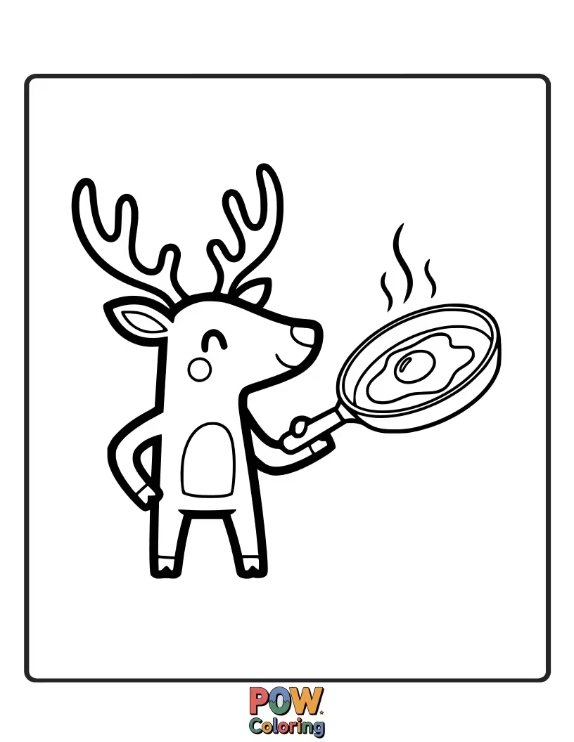 Free coloring page of This deer is holding a frying pan, looking determined to cook up some mischief in the forest.