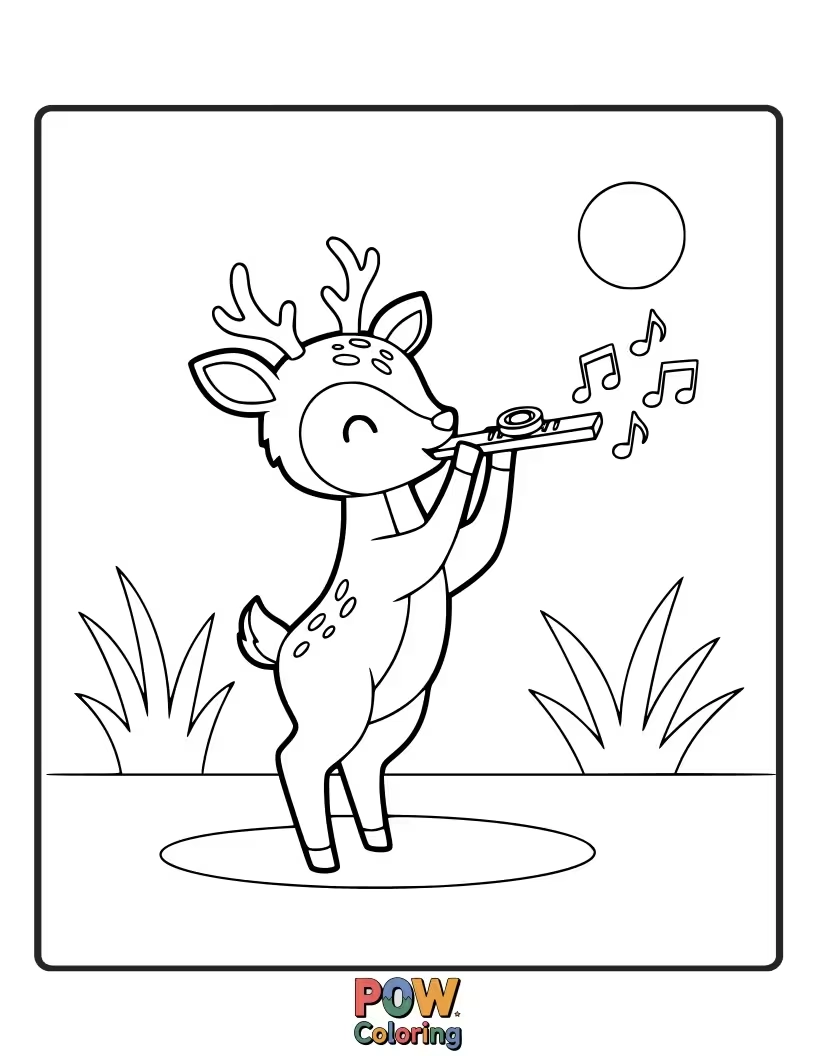 Free coloring page of A deer enthusiastically playing a kazoo, producing hilariously loud and off-key tunes.