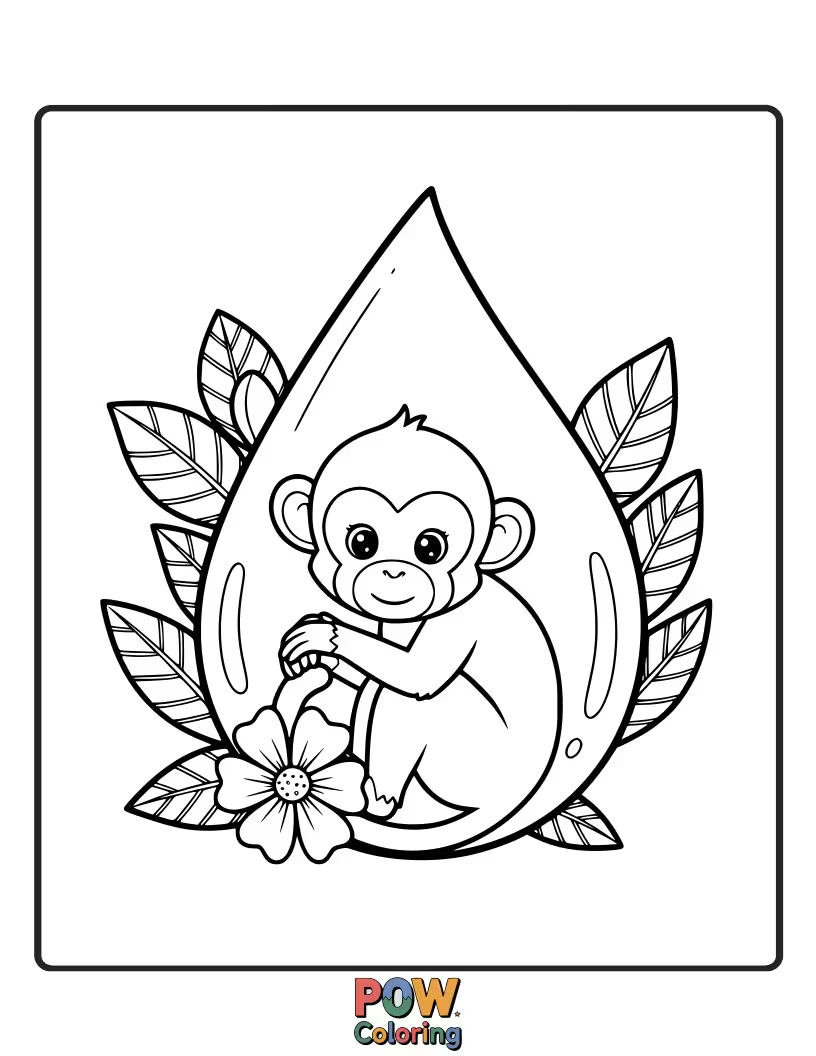Free coloring page of A curious monkey gently touches a sparkling dewdrop on a leaf, marveling at the small wonders of nature.