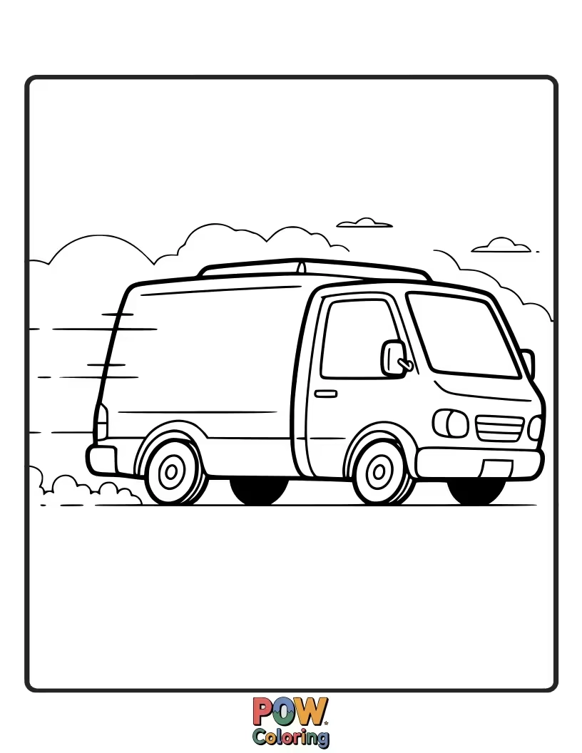 Free coloring page of A sleek delivery van making its rounds, perfect for adding fun logos and bright colors for speedy deliveries.
