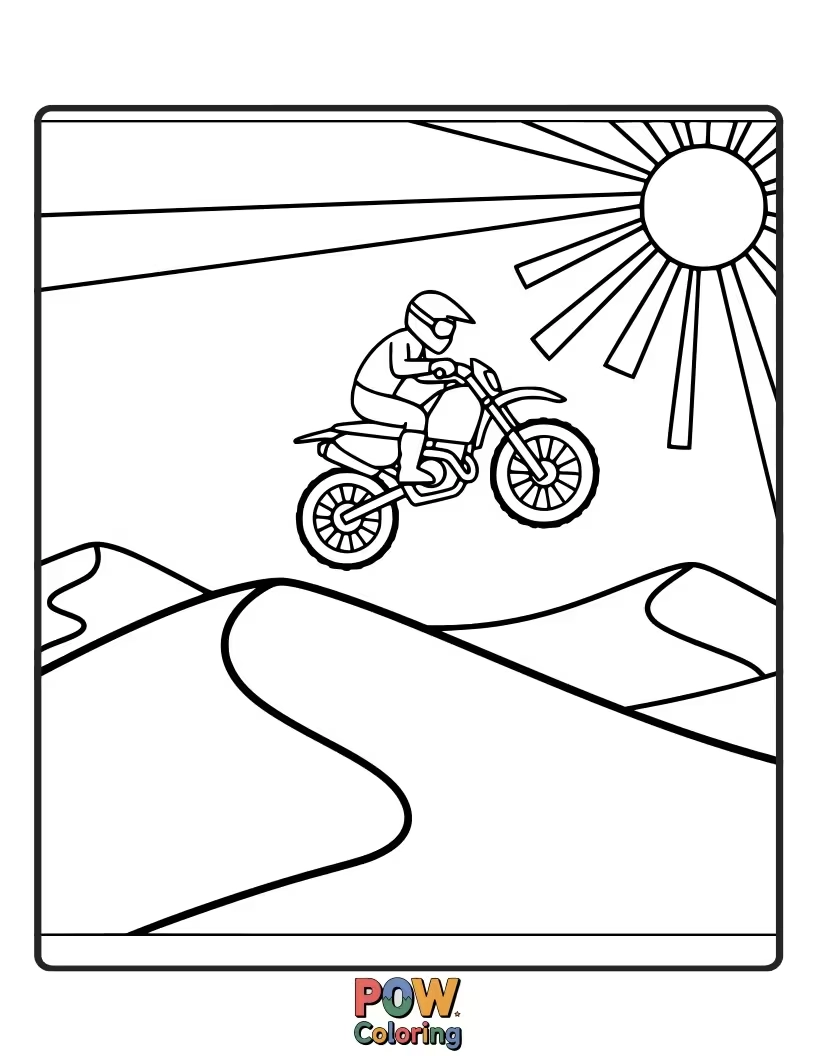 Free coloring page of A dirt bike kicking up sand on vast desert dunes, under a scorching sun and clear blue sky.