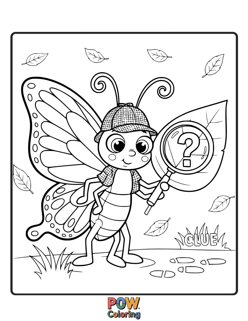 Free coloring page of A smart butterfly with magnifying glass wings, examining a tiny footprint with a keen, observant eye. What's the mystery?