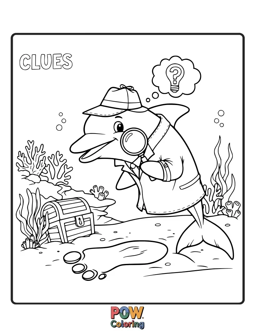 Free coloring page of With a magnifying glass and a furrowed brow, this dolphin is on the case!