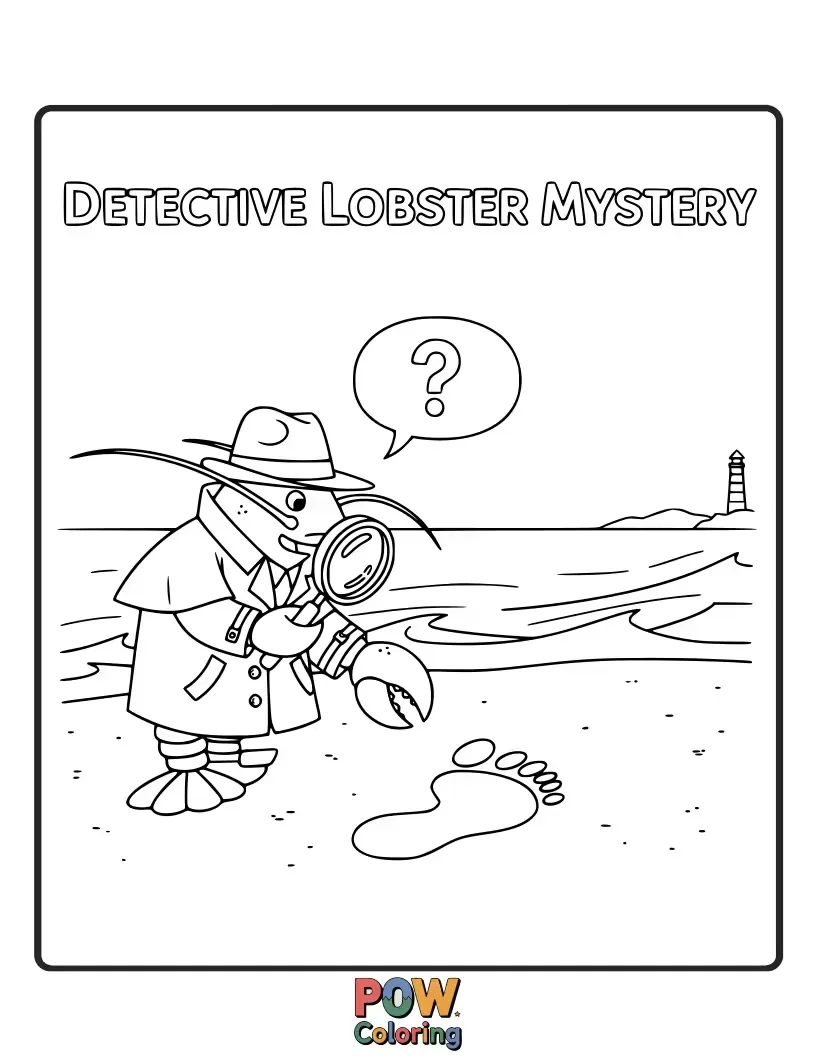 Free coloring page of A curious lobster with a magnifying glass, investigating footprints in the sand, on the hunt for clues.