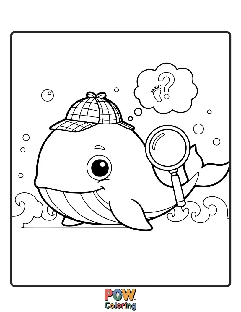 Free coloring page of A clever whale with a magnifying glass, searching for hidden clues amongst scattered seashells and underwater treasures.